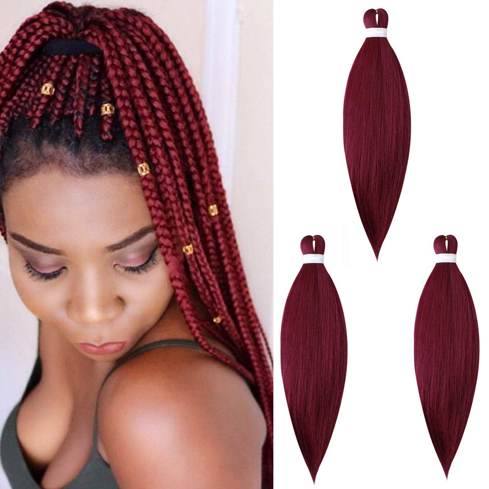 Pre stretched Braiding Hair Easy Braid Professional Hair Extensions Hot Water Setting Synthetic Fiber Crochet Twist Hair Yaki Texuture Itch Free Long Soft (26inch 3packs Wine Red)