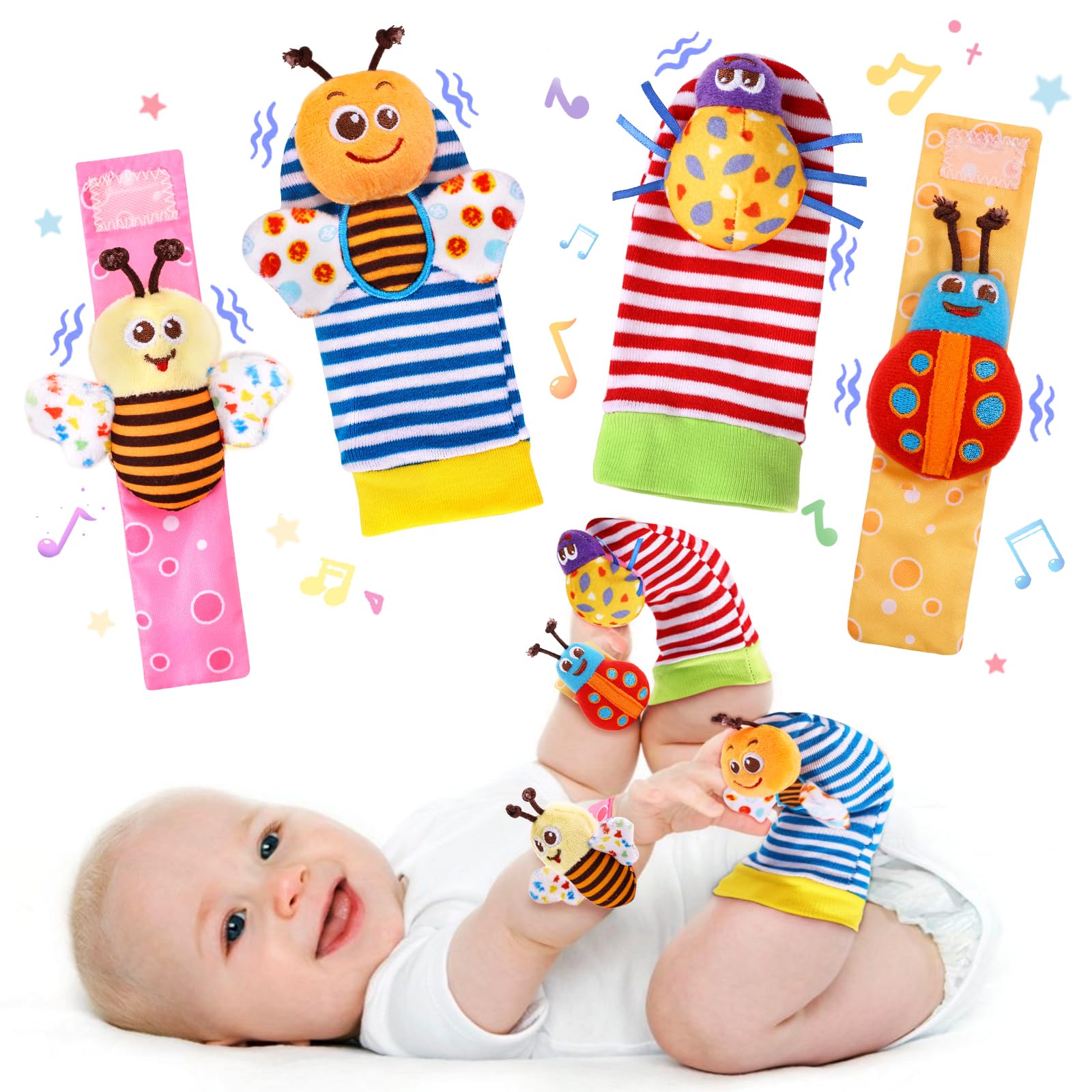 PADONISE Baby Wrist Rattle Socks and Foot Finder Set Baby Rattles Toys for 0-12 Month, Infant Girl Boy Toys for Babies 3-6 Months, Newborn Hand & Foot Toys for 0 to 9 Months, Baby Easter Gifts