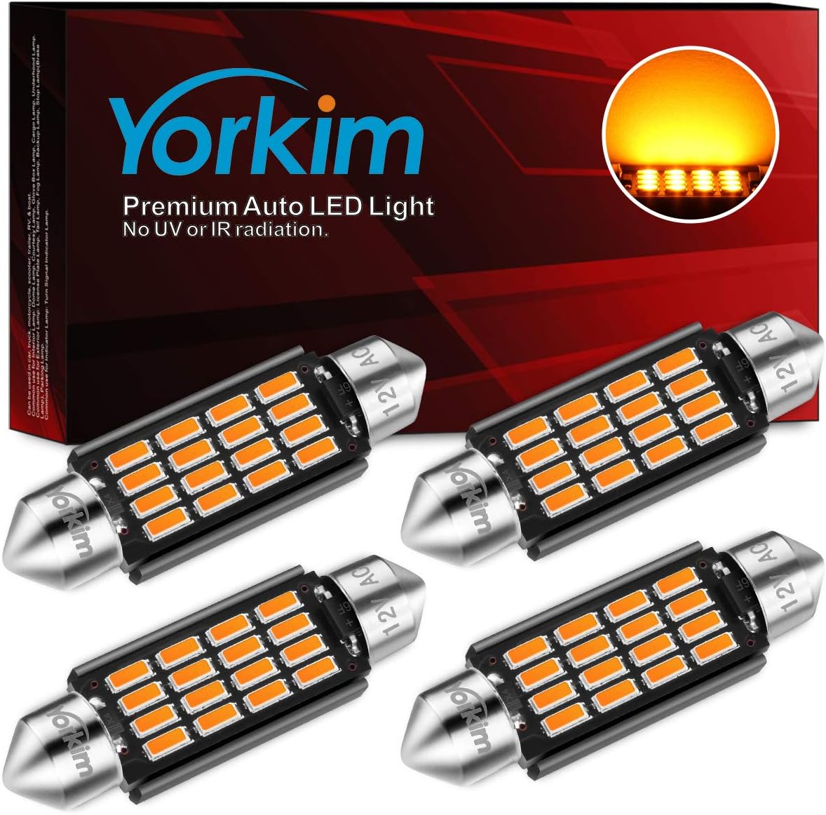 Yorkim Super Bright 578 Festoon LED Bulb Amber 41mm 42mm LED Bulb Canbus Error Free 16-SMD 4014 Chipset, 212-2 Dome Light Led, LED Interior Light MAP Light 211-2 LED Bulb, Pack of 4