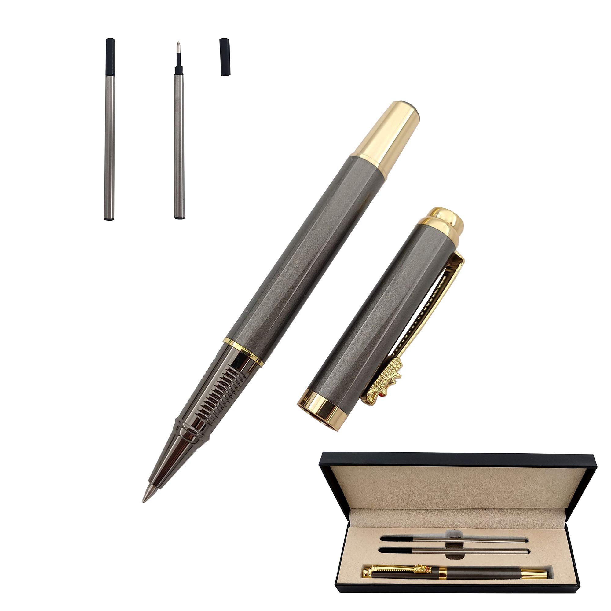 Accod Rollerball Pen High-end Business Signature Pen Clip Black Ink Rollerball Pen with Two 0.5mm Replacement Refills Gift Premium Gift Box (Grey)