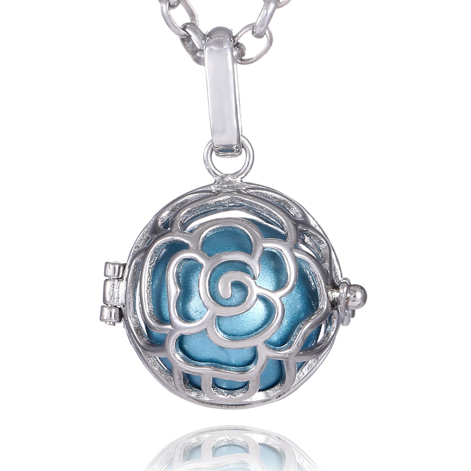 Morella Women Necklace Stainless Steel 70 cm 27,5" with Rose Flower Pendant with Sound Ball Light Blue Ø 16 mm 0,63" in a Velvet Jewelry Bag