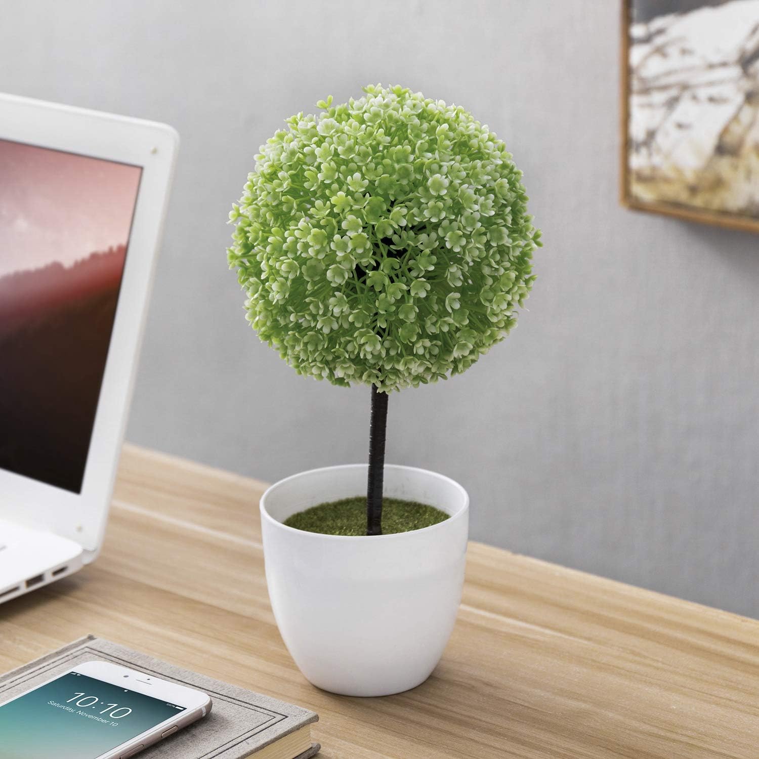 MyGift 10 inch Artificial Faux Tabletop Topiary Trees w/White Planter Pots, Set of 2 -