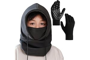 KMOLY Kids Balaclava Winter Hat Set, Fleece Ski Face Mask with Touchscreen Anti-Slip Warmer Gloves for Boys Girls 3-8 8-16Y