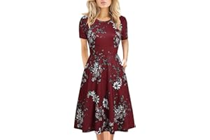 HELYO Women's Elegant Knee Length Dresses Vintage 50s Office Casual Floral Print Work Party A-Line Swing Dress with Pockets 162
