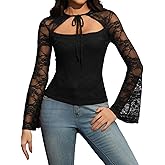 WISFRUIT Women's Sexy Sheer Lace Top Open Front Tie Long Bell Sleeve Fitted Crop Tops Blouses
