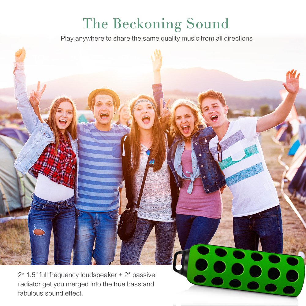 Outdoor Bluetooth Speaker,Horsky Ultra Portable Stereo Sport Wireless Speaker Life Waterproof Bass Superior Sound Built-in Mic Long Playtime Output 3Wx2 with Carabiner Green/Black