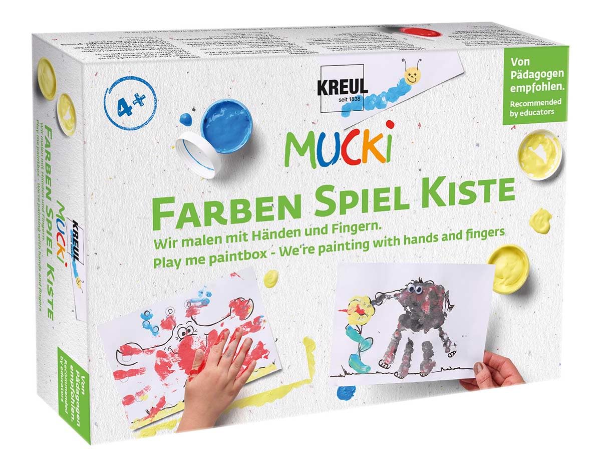 Kreul 29101 Mucki Finger Paint with Hands and Fingers Learning and Play Set 5 x 50 ml Finger Paint 2 Small Tins Wiggle Eyes Wooden Sticks and 10 Colouring Templates