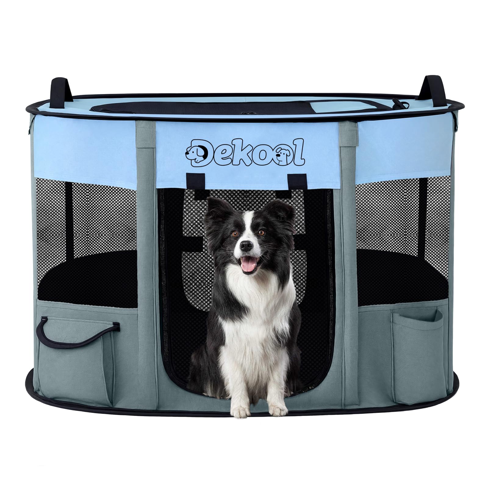 Photo 1 of Dekool Foldable Dog Cat Playpen, Portable Dog Crate for Puppies, Cat, Puppy Play Pen for Indoors, Kennel Tent Crate for Indoor Outdoor Travel Camping Use with Carrying Case (Blue, M)