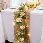 Solivya 2 Pack 5.9 FT Artificial Flower Garland with Lights, Fake Floral Garland with 12 Champagne Roses, White Flower Decorations for Arch Table Centerpieces Backdrop Party Home Wedding Decorations