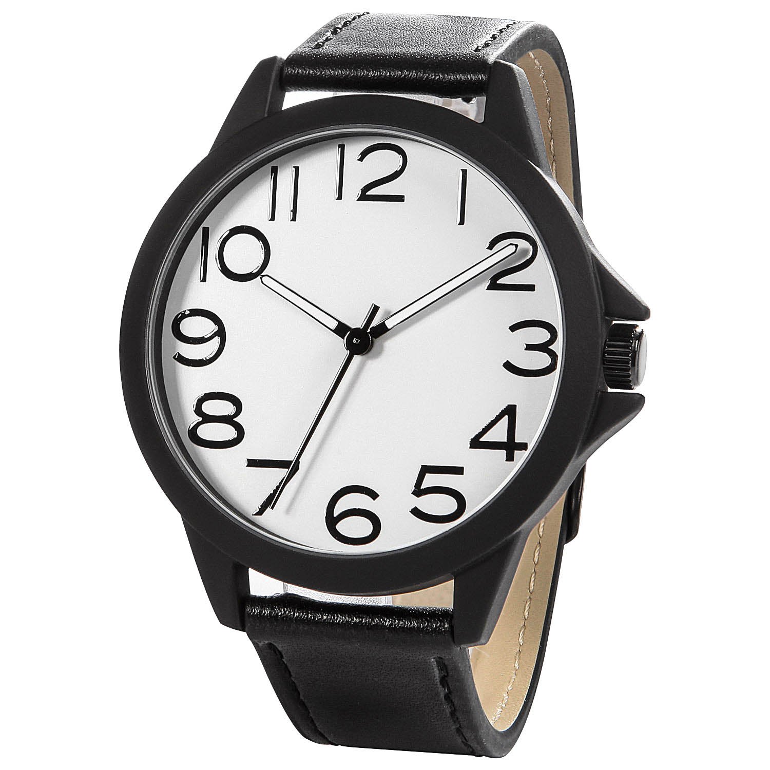 NUOVO Men’s Watches Black Leather Strap Quartz Analogue White Dial Wrist Watch Arabic Number Water Resistant Classic