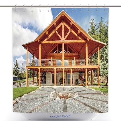 Vanfan Polyester Shower Curtains Large Log Cabin With Large Porch
