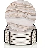 VEYRO Ceramic Coasters Set of 6 – Absorbent Stone Drink Coasters with Holder, Non-Slip Cork Backing, Modern Marble Look Coasters for Coffee Table, Desk & Home Decor