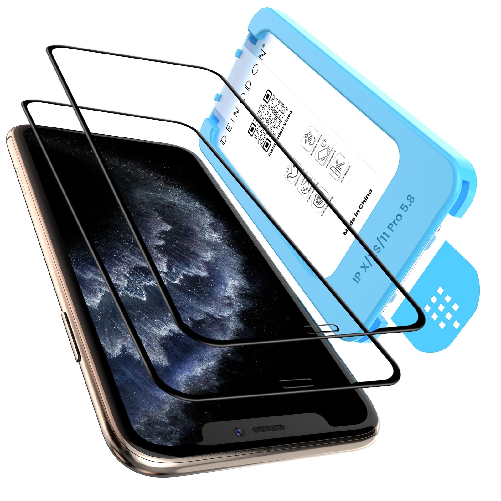 DEINODON Screen Protector for iPhone 11 Pro/XS/X, [Auto-Installation Frame] Military-Grade 9H+ Hardness Tempered Glass, Full Screen Coverage, Scratch-Resistant, Anti-Fingerprint, Case Friendly, 2-Pack