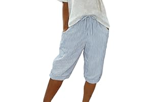 Shorts for Women Knee Length Striped Bermuda Shorts Summer Casual Elastic Waist Drawstring Short Pants with Pockets