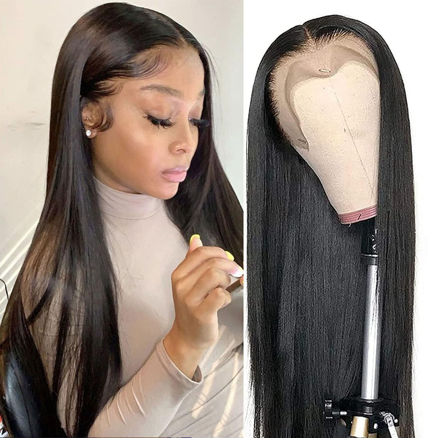 Straight Frontal Wig 13x4 Ear to Ear Pre Cut Lace Front Wigs Human Hair Bleached Invisible Knots Wig Human Hair Pre Plucked 26 inch — image 1
