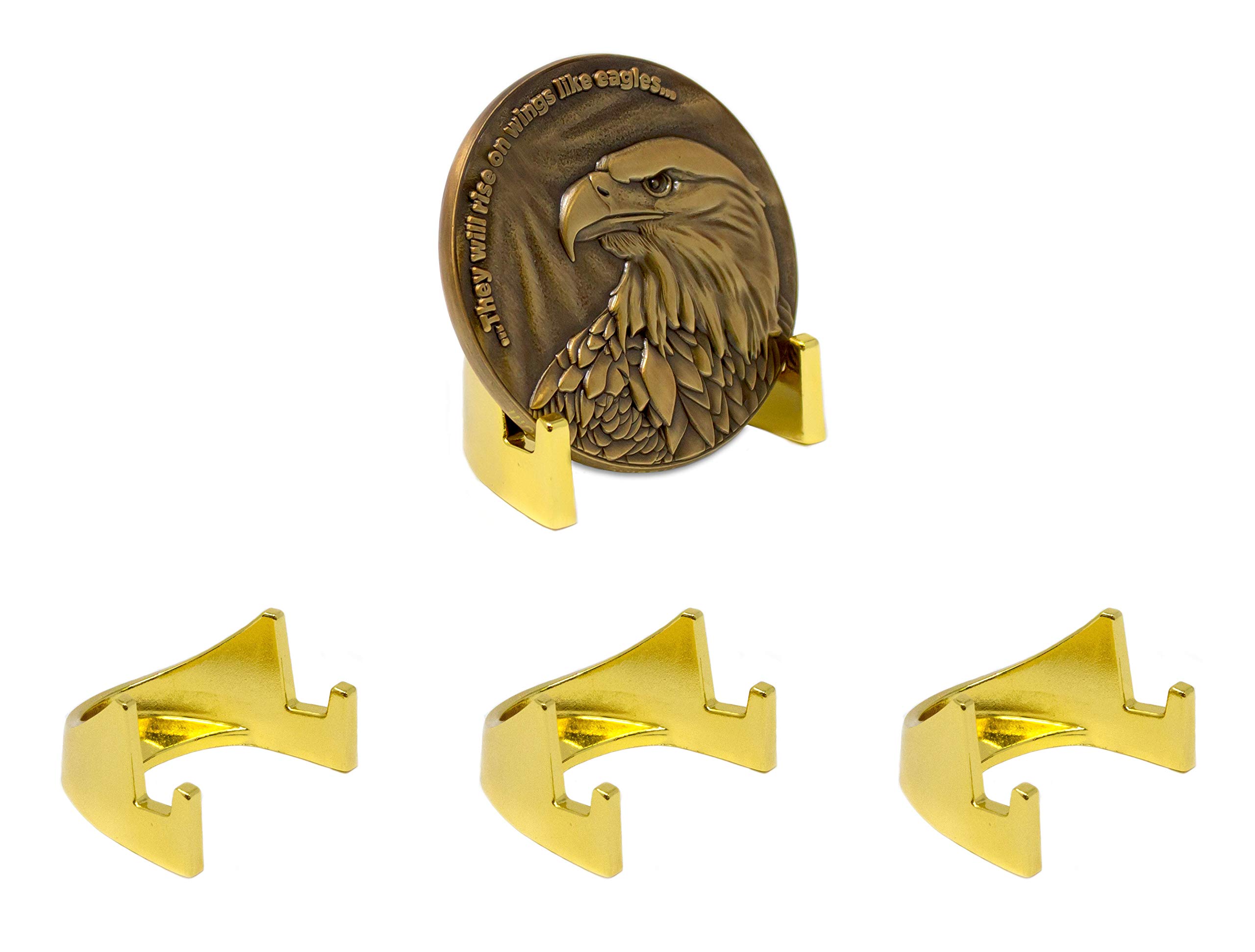 Logos Trading Post Challenge Coin Display Stand (3 Pack) Sturdy Military Coin Holder with Shining Gold Finish, No Tip and No Assembly Required Token Medallion Holder, 5mm Half Easel Coin Stand