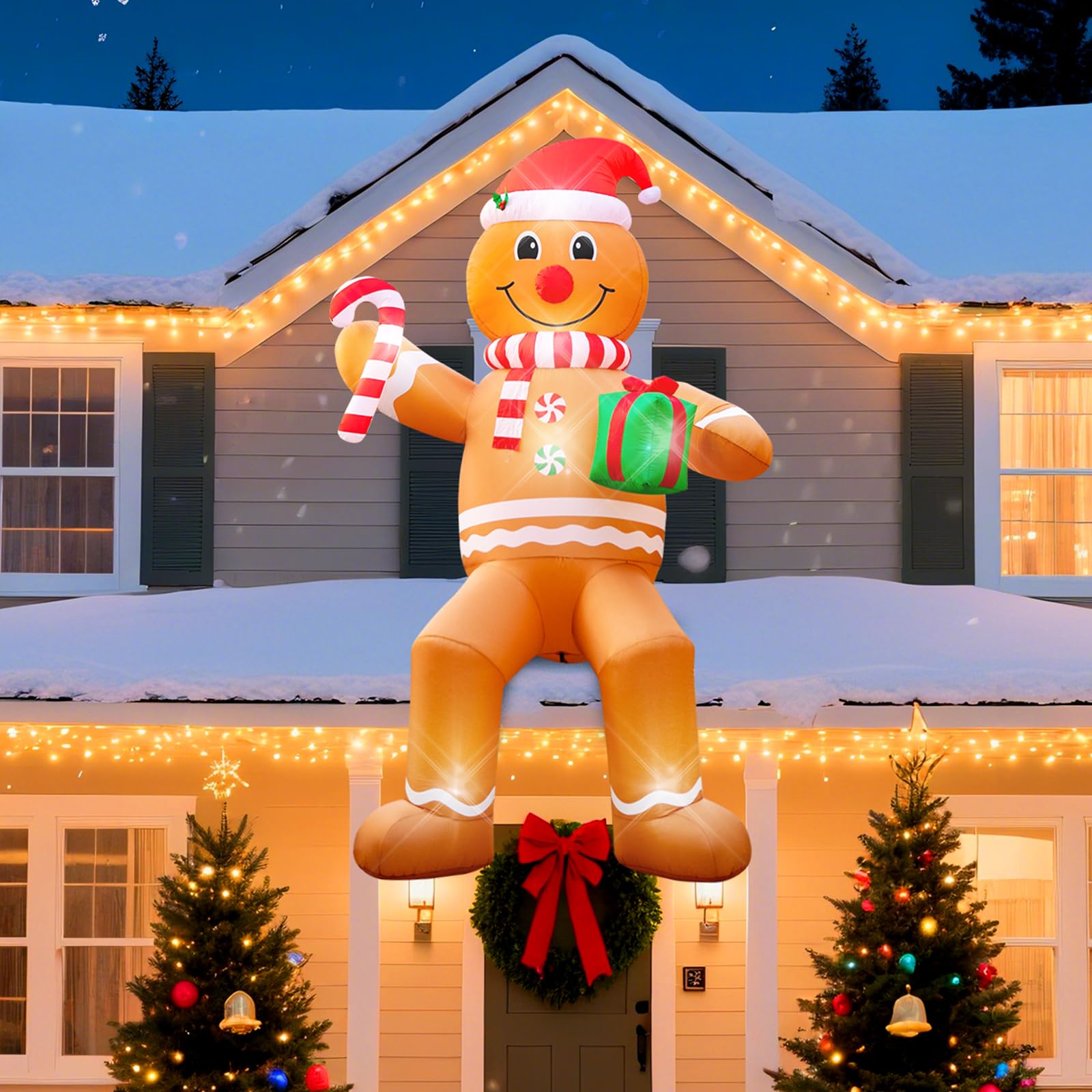 Photo 1 of 12FT Christmas inflatables, Christmas Inflatable Outdoor Decoration Sitting Gingerbread with Built-in Led Lights, Christma Blow Ups Outdoor Roof Yard Lawn Xmas Decor
