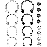 YOVORO 8Pcs 14G 16G 18G 20G Horseshoe Septum Nose Ring Helix Cartilage Earrings Hoops Hypoallergenic Tragus Daith Eyebrow Lip Ring Smily Piercing Jewelry Replacement Ball Spikes 7-12MM