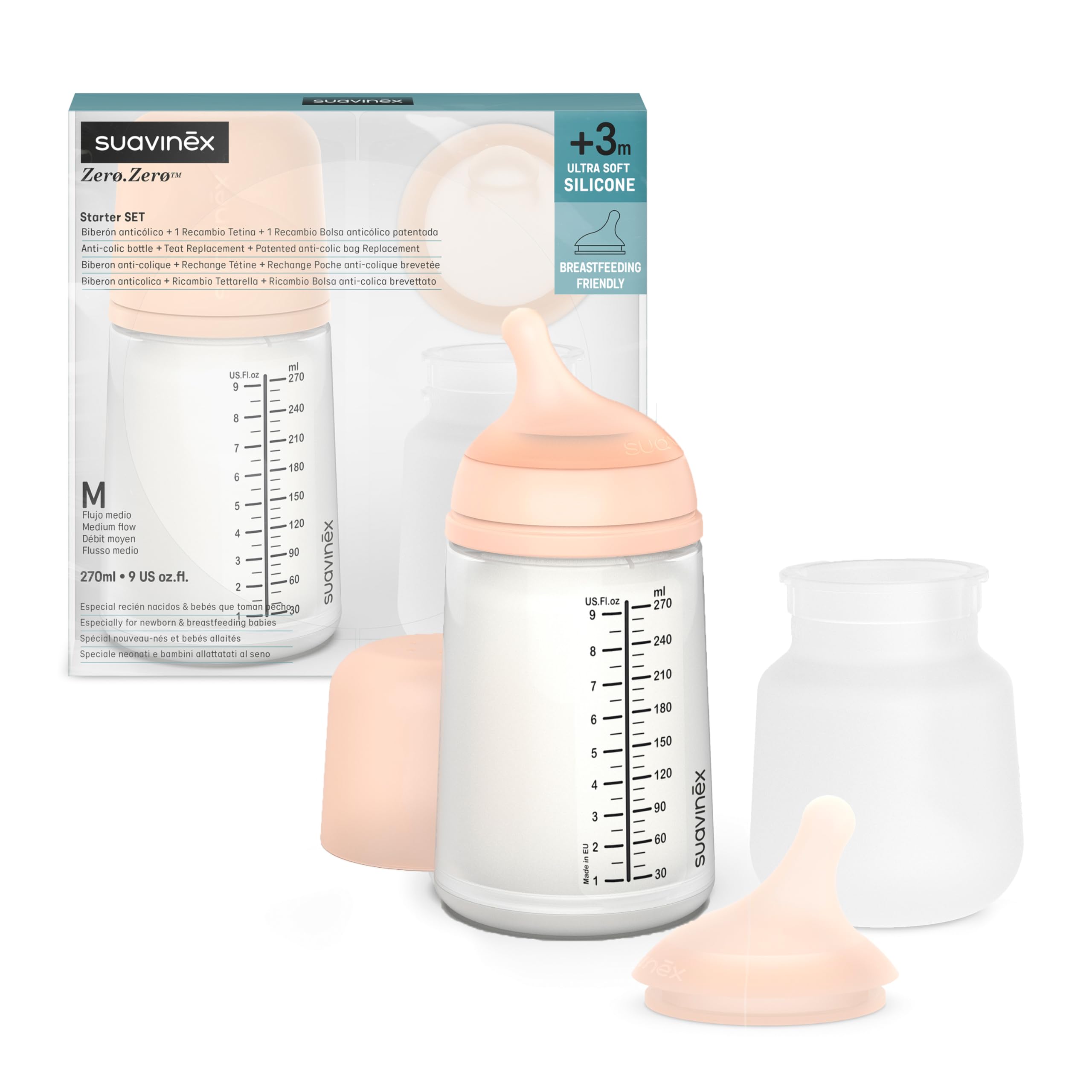 Suavinex, Anti-Colic Zero Zero Medium Flow Bottle Pack 270 ml with Replacement Teat + Anti-Colic Pocket for Babies + 3 Months