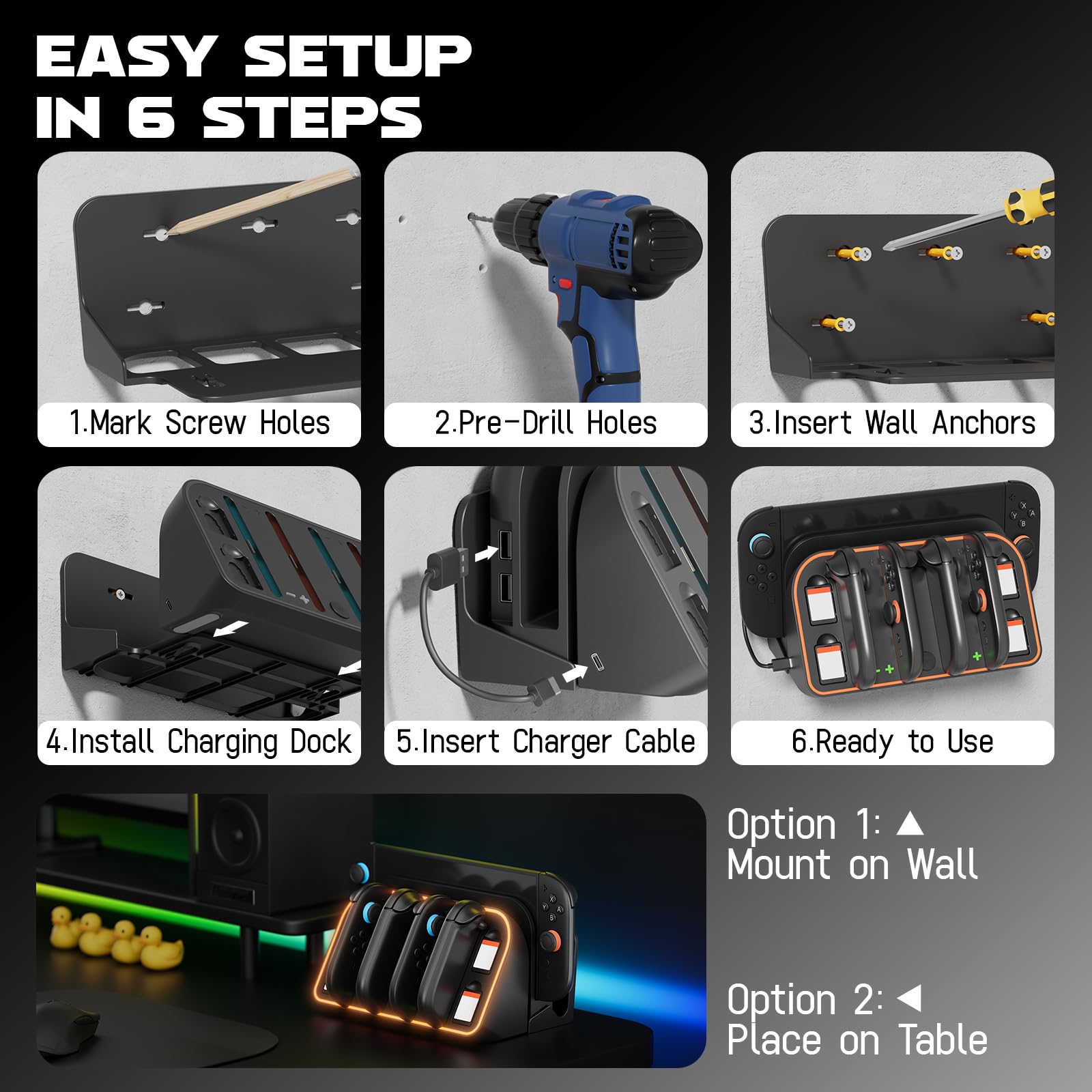 Hosanwell Switch 2 Wall Mount, RGB Light Wall Mount for Switch 2, 4 Joy-Cons Charging, 4 Game Slots,Black [nintendo_switch_2]