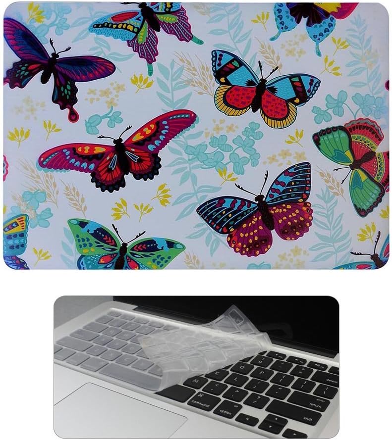 Iovs Printing Pattern Ultra Slim Soft-touch Rubberized Hard Shell Case with Keyboard Cover Skin for Apple MacBook Air 13 13.3" A1466 A1369 - Colorful Butterflies Print