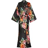 Mignon Cromwell Womens Silk Kimono Robe Long Floral Bridesmaids Robe Satin Wedding Party Bridal Robe Dressing Gown Loungewear