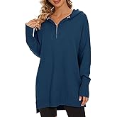 Women’s Hooded Sweater Loose Half Zip Drawstring Pullover Sweatshirt Top Casual Long Sleeve Side Slit Knit Hoodie