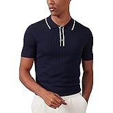 Kallspin Men's Vintage Knitted Polo Shirt Short Sleeve Solid Collared Golf Shirts with Button