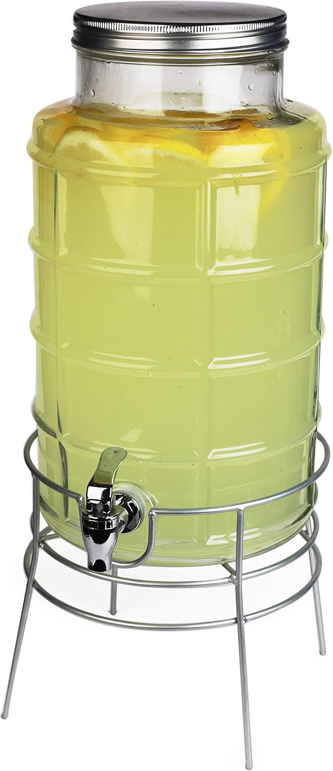 Circleware Newton Creek Glass Beverage Dispenser with Metal Stand and Lid, Entertainment Kitchen Glassware Drink Pitcher for Water, Juice, Wine, Kombucha & Cold Drinks, Huge 2.2 Gallon, Clear