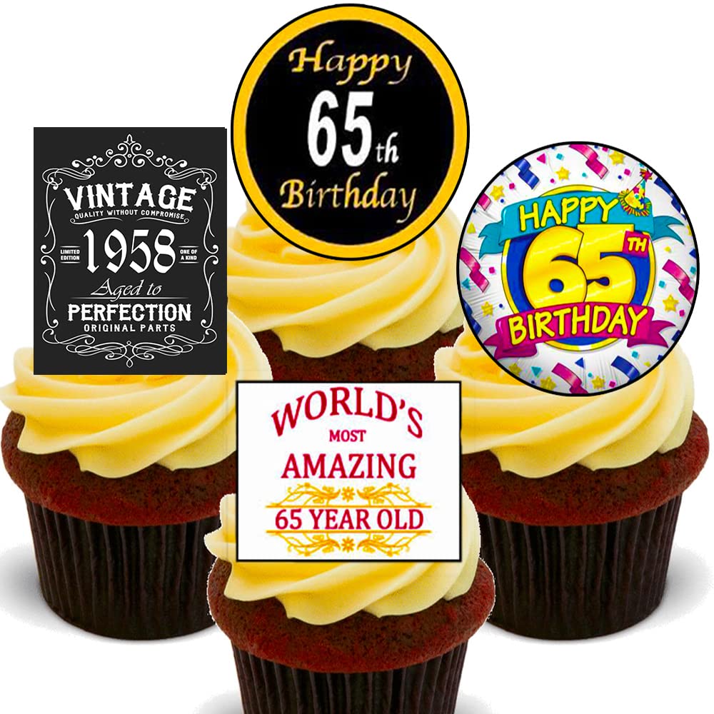 65th Birthday Male Funny, Edible Cupcake Toppers - 1958 Stand-up Wafer Cake Decorations (Pack of 12)