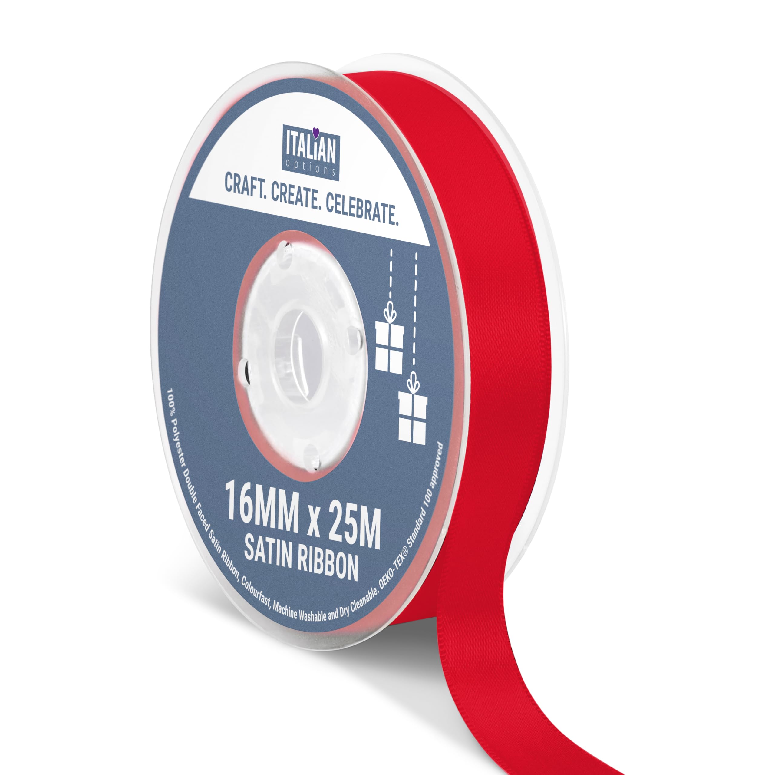 Italian Options Satin Ribbon, Fabric Ribbons for Gift Wrapping, Crafting, Balloons, Wedding Car, Presents, Cake, Christmas, Birthday, Gift Wrap Accessories, 16mm Wide x 25 Metre Roll, Red