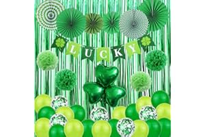 HOLIWOER St Patrick's Day Decorations Kit, 37 Pcs Saint Patricks Day Shamrock Decorations Foil Fringe Curtains, Tissue Poms, Paper Fan, Lucky Banner, Foil Balloons Decor for Home Party Supplies