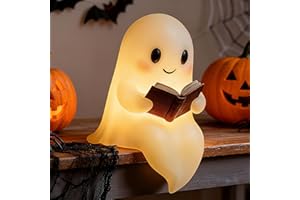 NIAOSIBEN Ghost Reading Book Lamp, 7.8in Ghost Night Light, Cute Halloween Ghost Figurines Statue Decor, Funny Night Lamp Statue for Bedrooms, Study Rooms, Living Rooms, Halloween Decorations Gifts (Big)