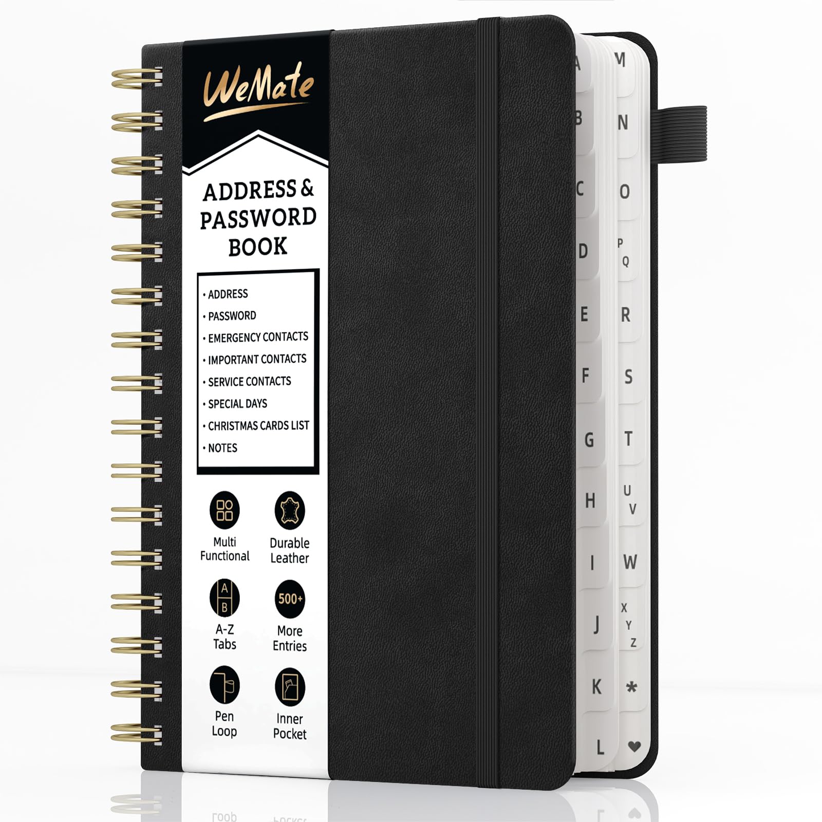 Photo 1 of WEMATE Spiral Address Book with Alphabetical Tabs, Leather Password Book, Address Organizer Telephone Notebook Journal Keep Contact Safe Hardcover Large Print for Seniors Home Office 5.8?×8.2?, Black