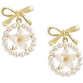 Sonateomber Gold Flower Stud Dangle Drop Earrings for Women, Cute Rhinestone Pearl Camellia Floral Dangling Earring Spring Summer Prom Jewelry Gift
