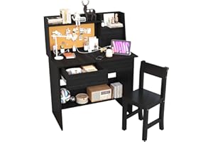 SFDOU Black Kids Desk and Chair Set for 5-12 Year Old, Childrens Computer Desk with Drawers and Storage Shelf, Kids Study Table with Charging Station