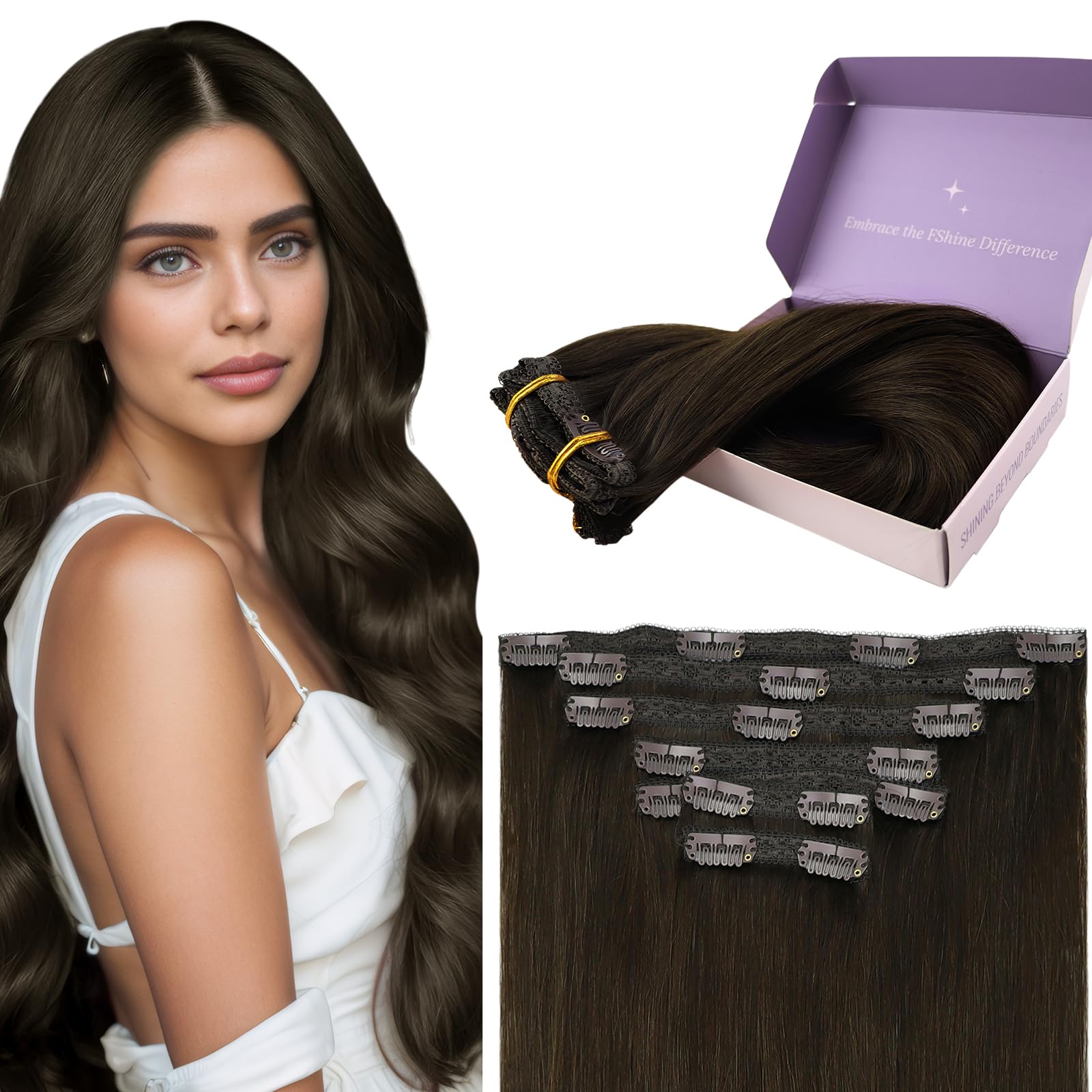 Fshine Clip in Hair Extensions Human Hair Darkest Brown Double Wefted Clip In Hair Extensions Real Human Hair Remy Human Long Hair Hair Extensions Clip In 24 Inch 7Pcs 120g — image 1