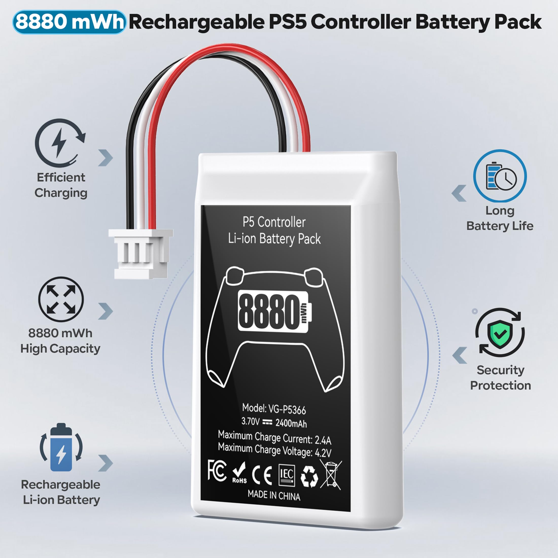 Kosker PS5 Controller Battery Pack, 2 Stück 8880mWh Li-Ionen Akku mit hoher Kapazität für Sony PS5 Controller CFI-ZCT1W, 53% mehr Ausdauer (Kapazität), Sicherer PS5 Controller Akku Ersatz 3