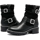Ruiee Ankle Boots for Women Combat Boots Low Heel Short Booties Round Toe Side Zipper Womens Boots.