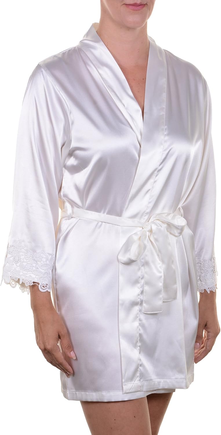 Sleep Luxe Women's Ivory Robe with Lace Sleeves for Brides or Bridesmaids