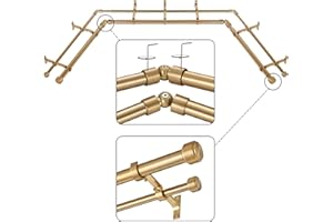 Mayrhyme Warm Gold Double Corner Window Curtain Rods with Aluminum End Cap Finials and Brackets,1 Inch Diameter Dual Bay Window Curtain Rods, Adjustable 2 Sided 32-58" and 32-86 Center Double Rod
