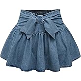 WDIRARA Women's Y2k Bow Pleated Mini Jean Skirts Ruffle Hem Smocked Belted A Line Denim Skirt