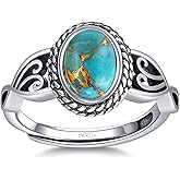 AVECON Adjustable Rings for Women 925 Sterling Silver Rings Womens Vintage Rings with 6 * 8mm Oval Teal Turquoise/Turquoise/Moonstone/Opal Statement Rings Fit Women Size 6-9