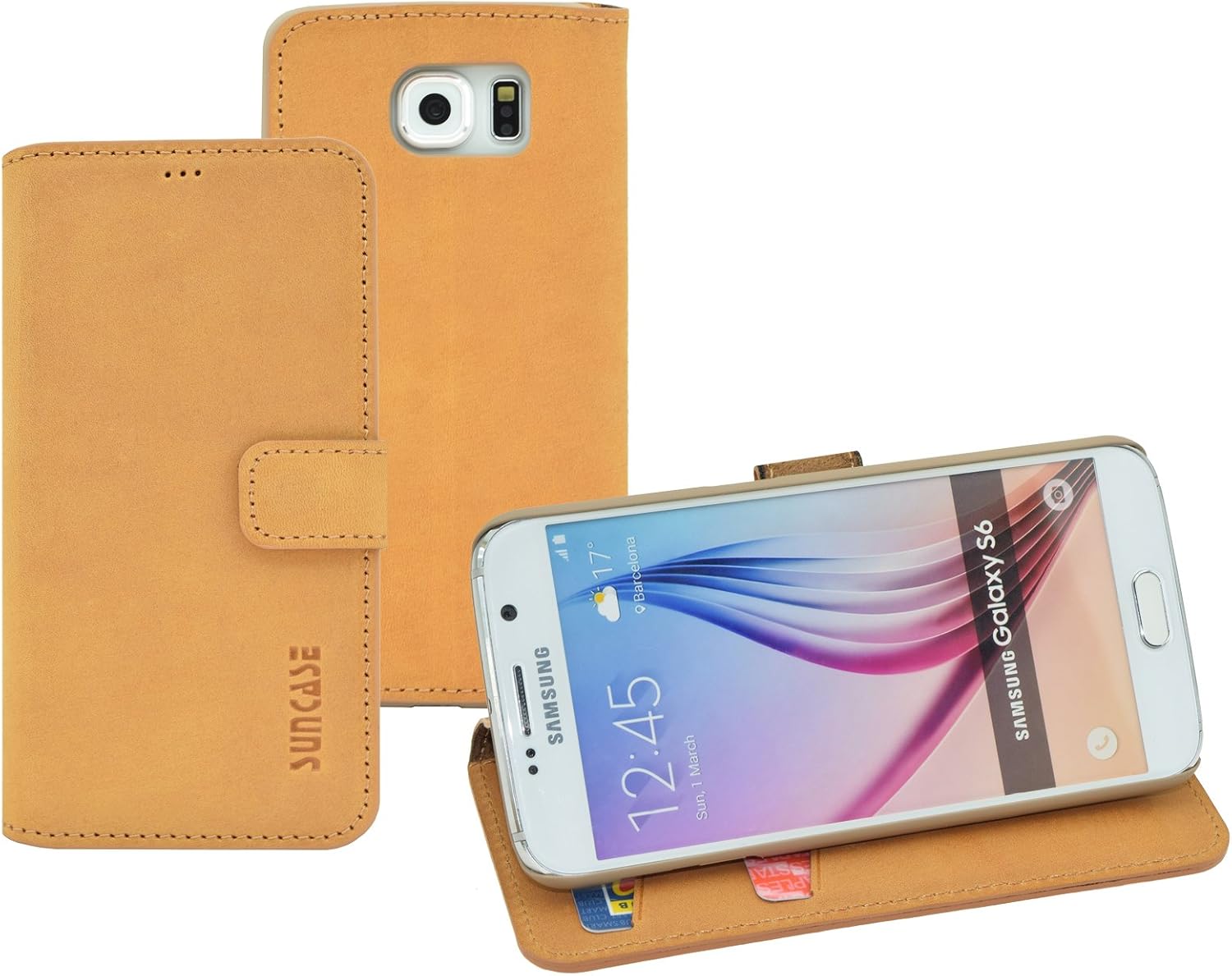 Original Suncase book-style leather case for Samsung Galaxy S5, S6, S6 Edge, S7, S7 Edge, genuine leather with card holder and stand function, case holder sleeve