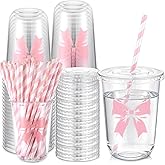 LemonRoad 50sets 16oz Pink Bow Cups, Pink Party Supplies, Cute Plastic Cups Disposable with Lids and Straws, for Birthday Wedding Engagement Drinkware Christmas Baby Shower Decorations
