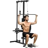 Soozier Cable Machine LAT High Low for Home Gym Black | High and Low Pulley Stations, Cable Row Machine, Adjustable Seat, Flip-Up Footplate