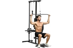 Soozier LAT Machine with High & Low Pulley Stations, Cable Row Machine with Adjustable Seat & Flip-Up Footplate, for Home Gym