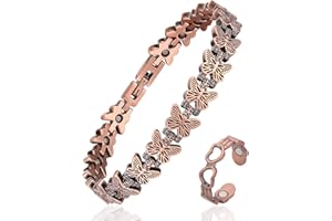 Fashtour Copper Bracelet and Ring Set for Women, 99.99% Pure Copper Magnetic Bracelet with Butterfly Design & Matching Adjustable Heart Ring – 3800 Gauss Magnets, Includes Sizing Tool & Gift Box