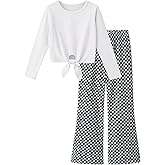 Yekaty Girls Clothes Tie Front Long Sleeve T Shirts Tops Flare Pants Girls' Clothing Sets 2 Peice Fall Outfits Size 5-12Y