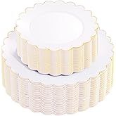 supernal 100pcs White and Gold Plastic Plates Scalloped Plastic Plate - Plastic Plates for Party,Pretty Dinner Plate Perfect for Valentine's Day Wedding and Birthday
